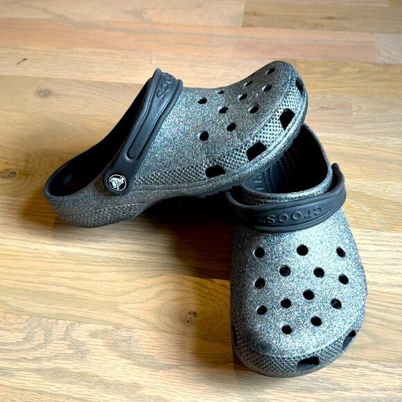 Girls Black Glitter Crocs Sandals Size 3 - Picture 1 of 10
